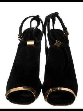 YSL Black Suede Peep-Toe Heels with Gold Trim
